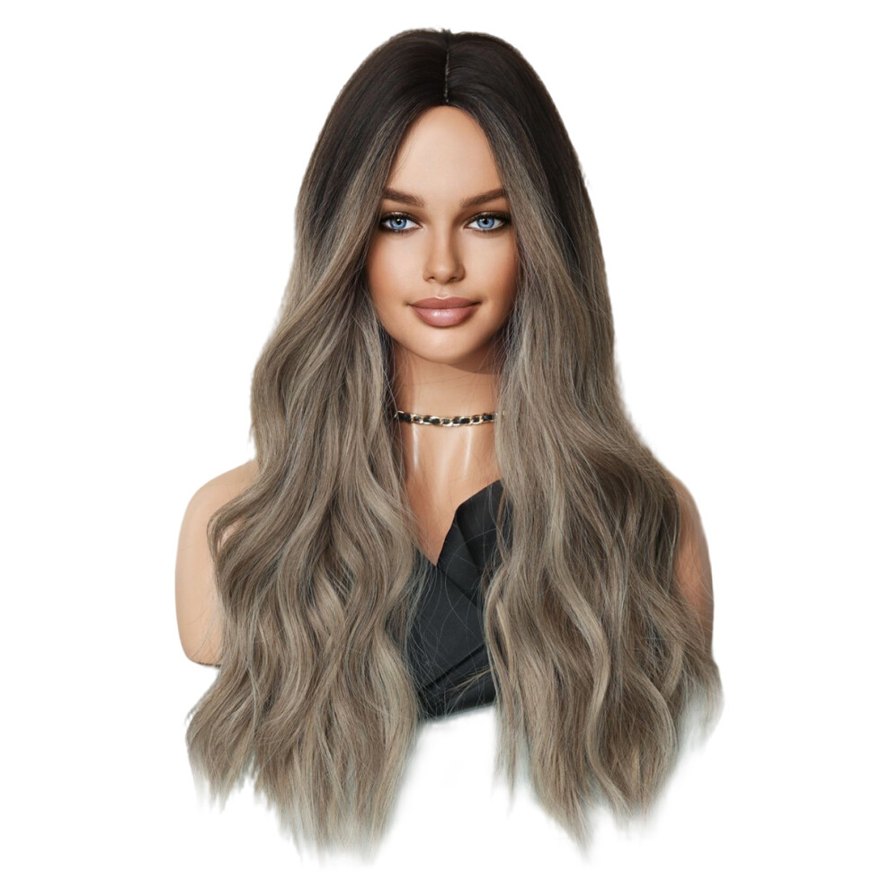 (Grey gold mixed color) New Small Lace Wig Lace Wig Iris Blue Gradient Wave Long Curly Hair Chemical Fiber Wig Full Head Cover