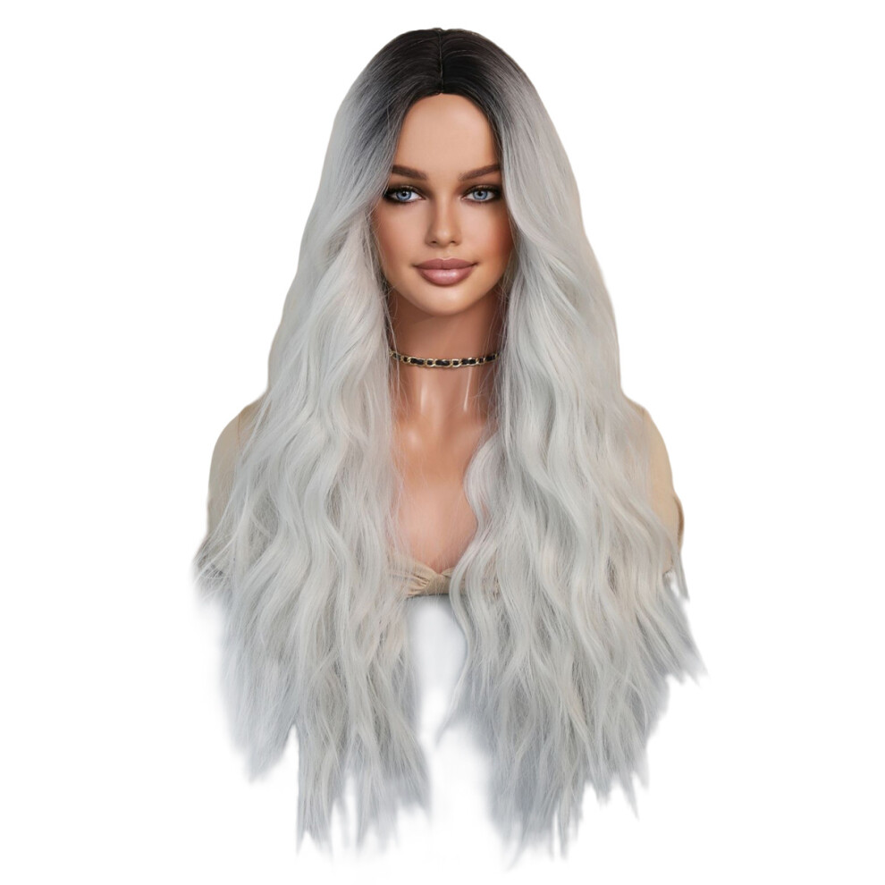 (Silver white) New Small Lace Wig Lace Wig Iris Blue Gradient Wave Long Curly Hair Chemical Fiber Wig Full Head Cover