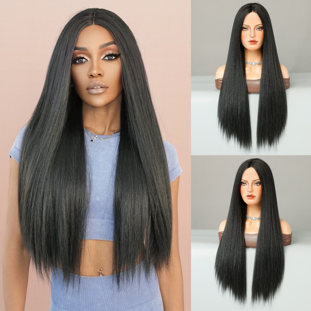 ((Model Features) Yaki Black Long Straight_76cm 30Inch) New T-Part Lace Yaki Wigs Natural Black Long Straight Hair Chemical Fiber Small T-Lace Wig