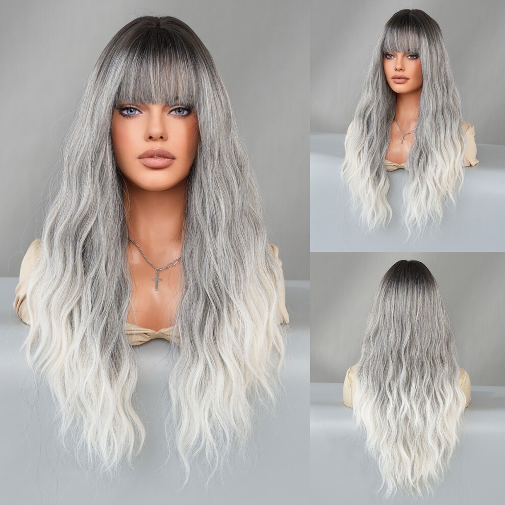((Model Features) Black and gray gradient_65cm 26Inch) New European and American women's wig gray gradient curly hair large wave chemical fiber full h