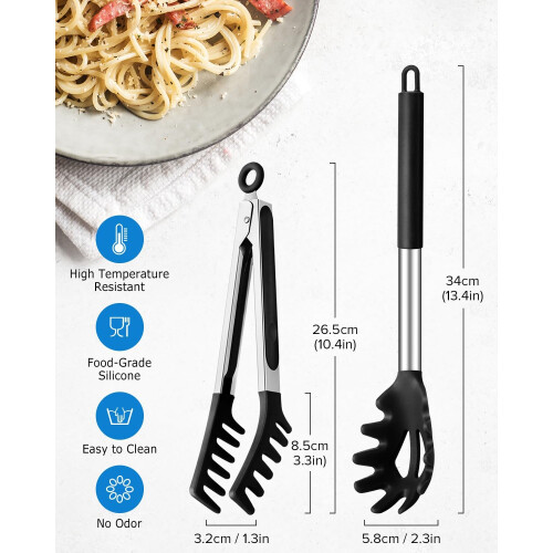 Spaghetti Spoon and Pasta Tong Non-Stick Silicone Spoon Server-Black 2