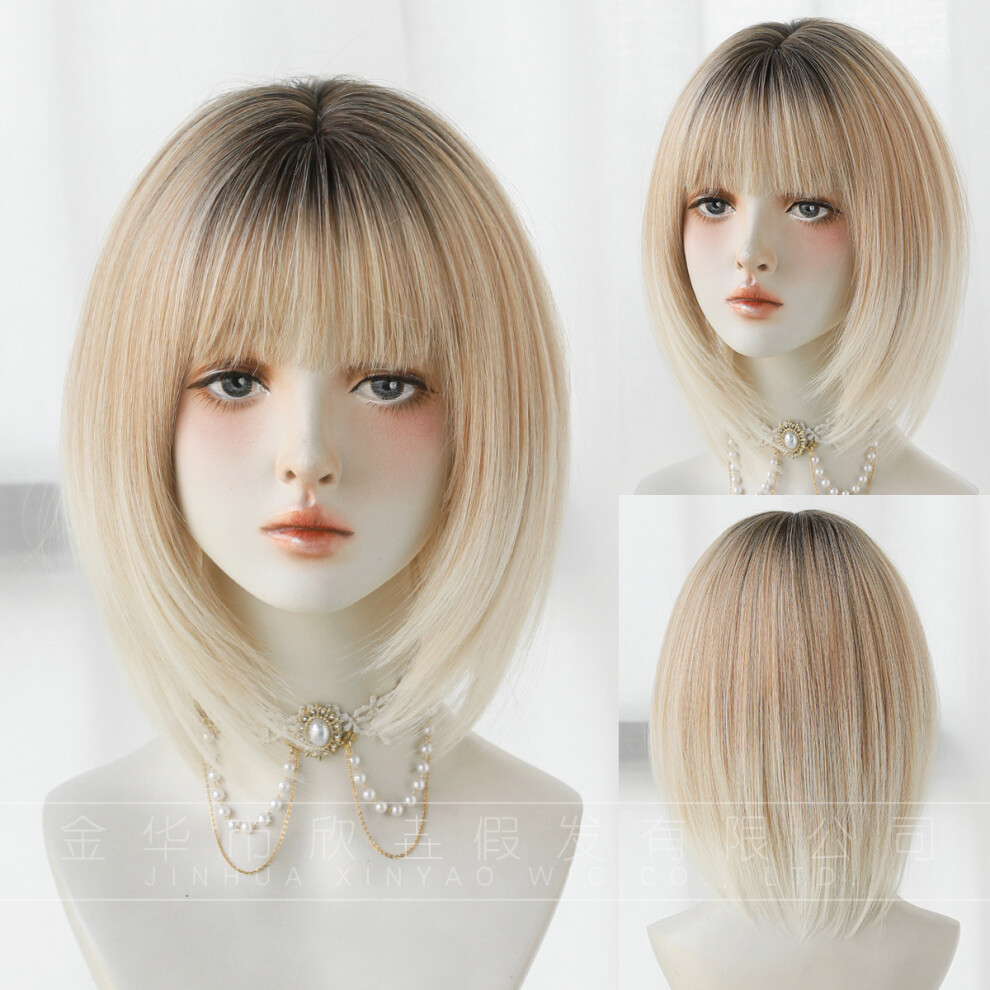 (White tea gradient_12.2inch 31cm) New European and American Bob Wigs Wigs Gradient Slant Short Hair Rose Mechanical Chemical Fiber Wig