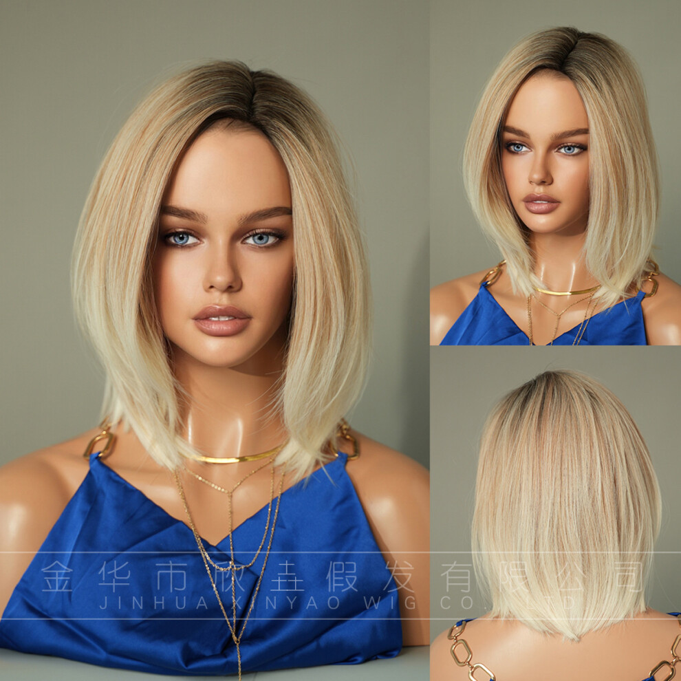 ((Model Features) White Tea Gradient_12.2inch 31cm) New European and American Bob Wigs Wigs Gradient Slant Short Hair Rose Mechanical Chemical Fiber W