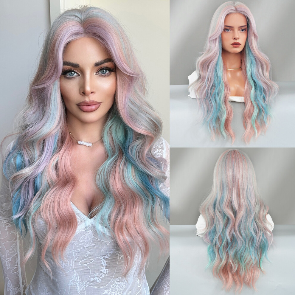 (Rainbow color_75cm 30inch) New lace wig dreamy purple blue gradient mid-part wavy curly hair chemical fiber full head cover Small Lace Wig