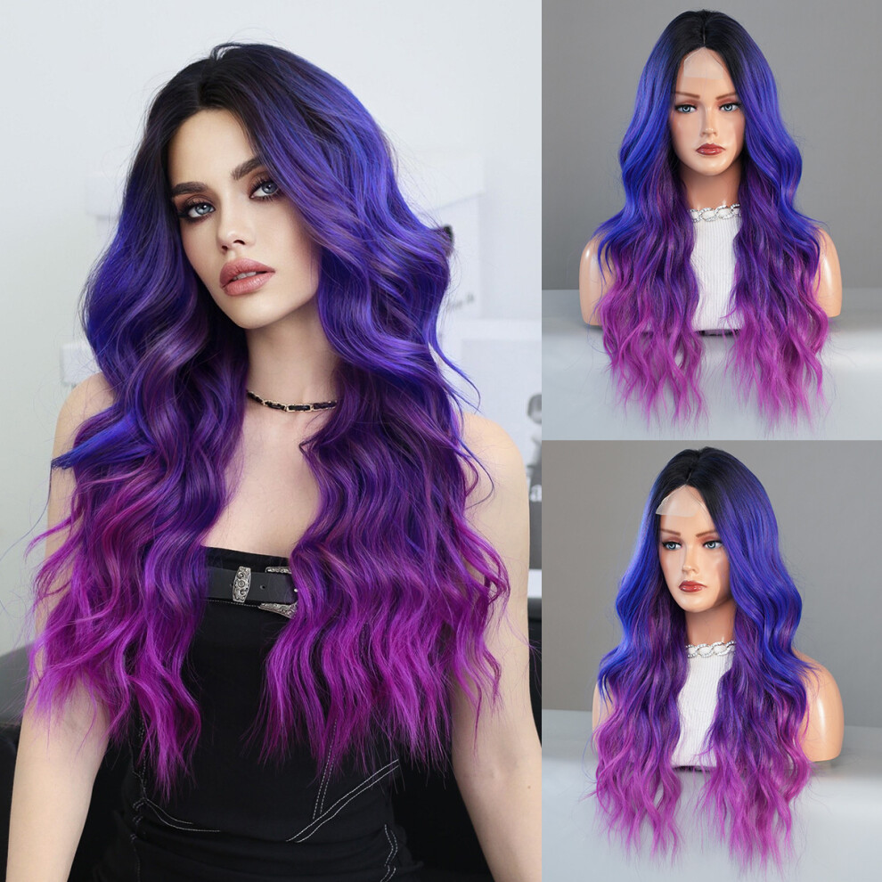 ((Model Features) Dreamy purple blue head dyeing_67cm 26.37 inch) New lace wig dreamy purple blue gradient mid-part wavy curly hair chemical fiber ful