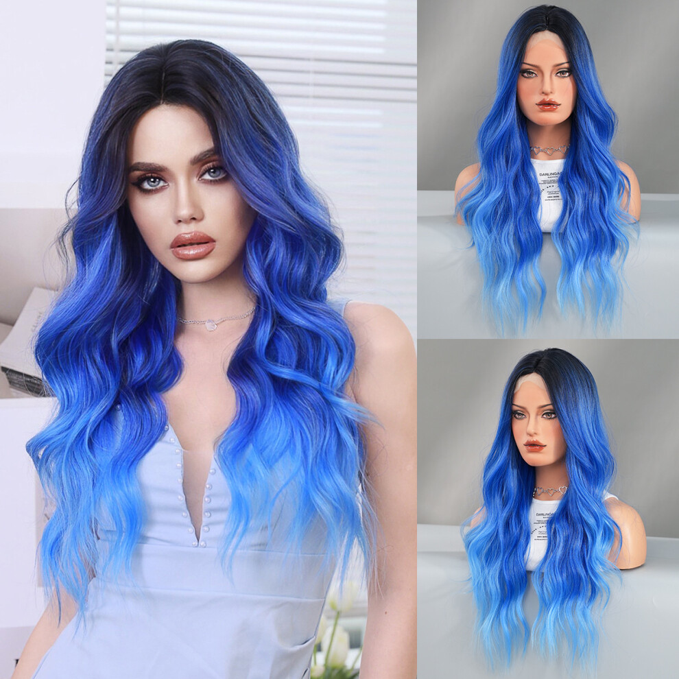 (Iris blue gradient top dyeing_67cm 26.37 inch) New lace wig dreamy purple blue gradient mid-part wavy curly hair chemical fiber full head cover Small