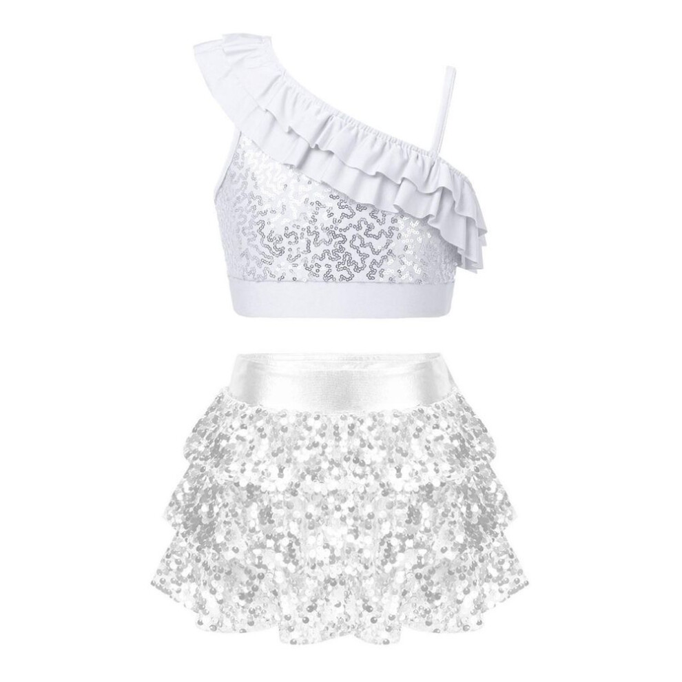 (silver, 7-8 Years) Kids Girls Dance Costume Sequin Top With Skirted Shorts 2pcs Modern Gymnastic Dancewear