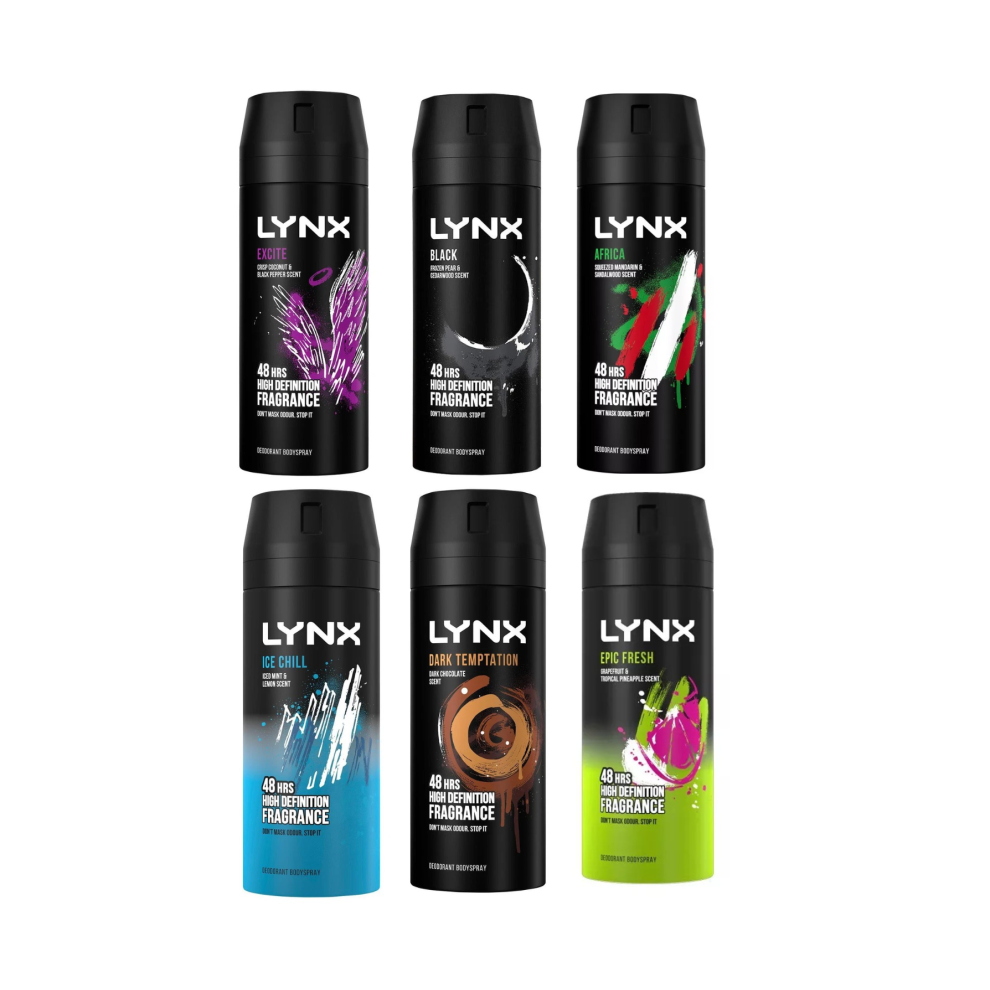 6 x 150ml Lynx MIX Deodorant Body Spray Africa, Dark Temptation Black