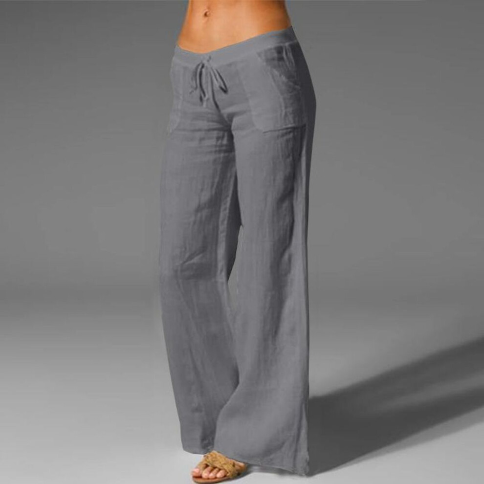 (grey, M) Women Spring Summer Cotton Linen Pants Casual Elastic Waist Wide Leg Trousers Fashion White Black Pants