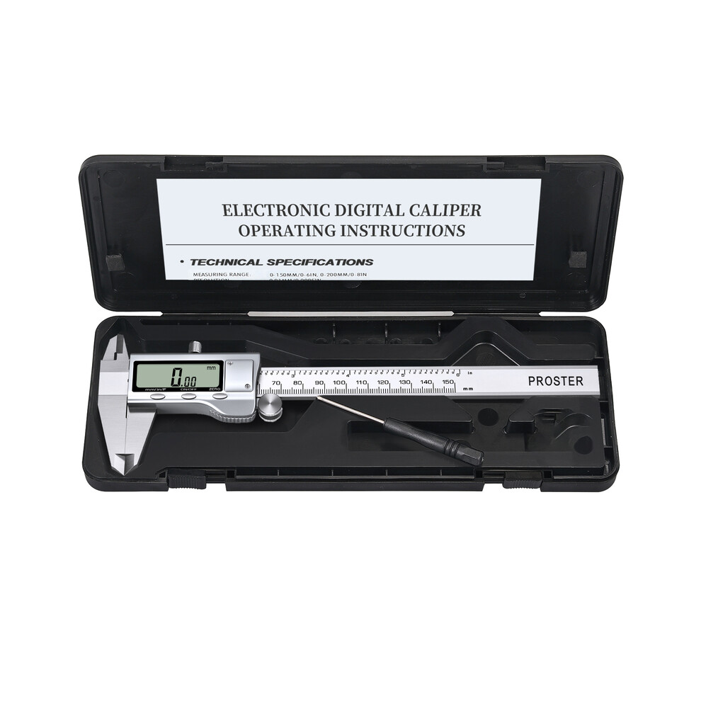 (Silver) Proster Digital Vernier Caliper 150Mm/6Inch Stainless Steel Electronic Caliper Fractions/Inch/Metric 9008532340022