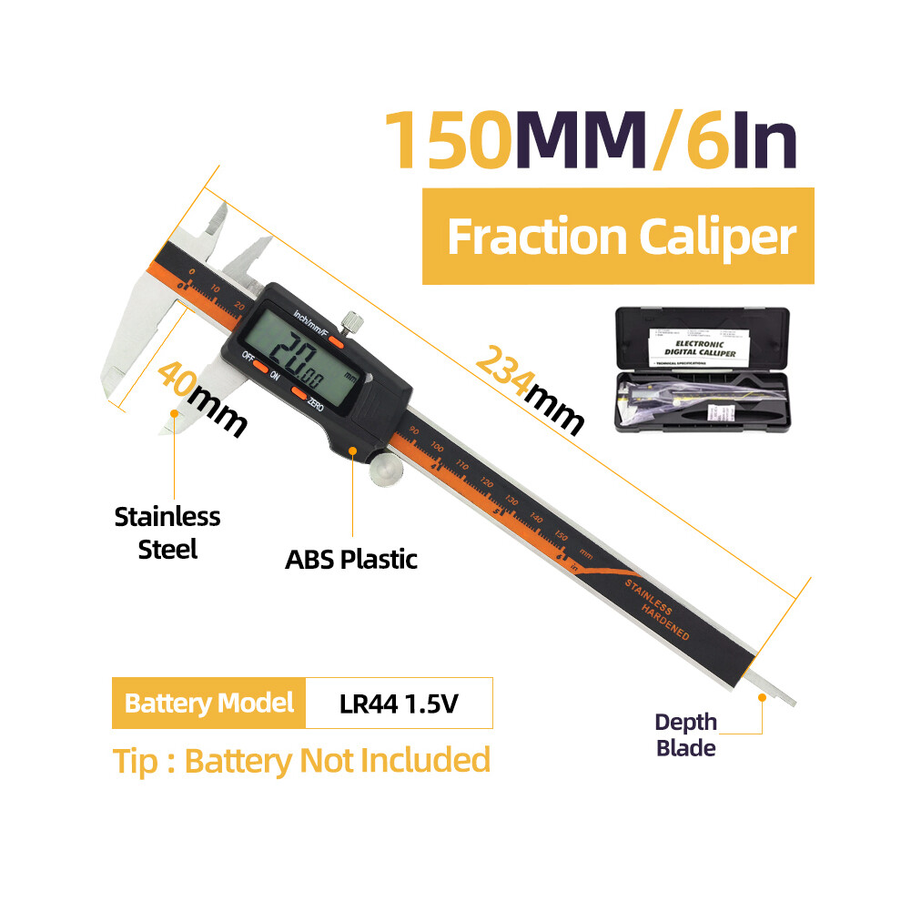 (Box Fraction Caliper) Fraction Digital Caliper Digital Micrometer Ruler Stainless Steel Gauge Vernier Calipers Instrument 9008532346901