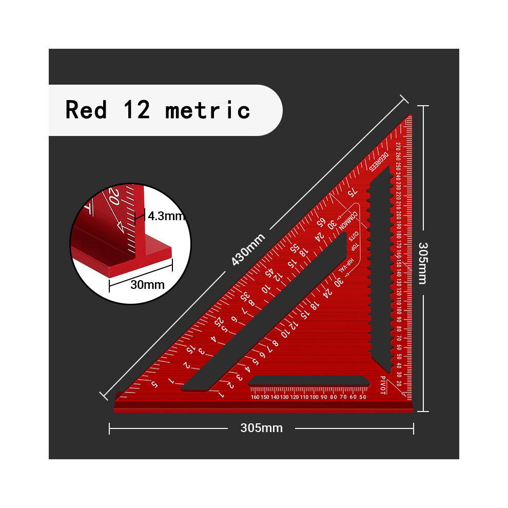 (Red 12 Metric) Woodworking Aluminum Alloy Triangle Gauges Measuring Gauging Tools High Precision Marker Angle Ruler 9008532341296