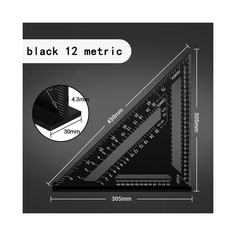 (Black 12 Metric) Woodworking Aluminum Alloy Triangle Gauges Measuring Gauging Tools High Precision Marker Angle Ruler 9008532341302