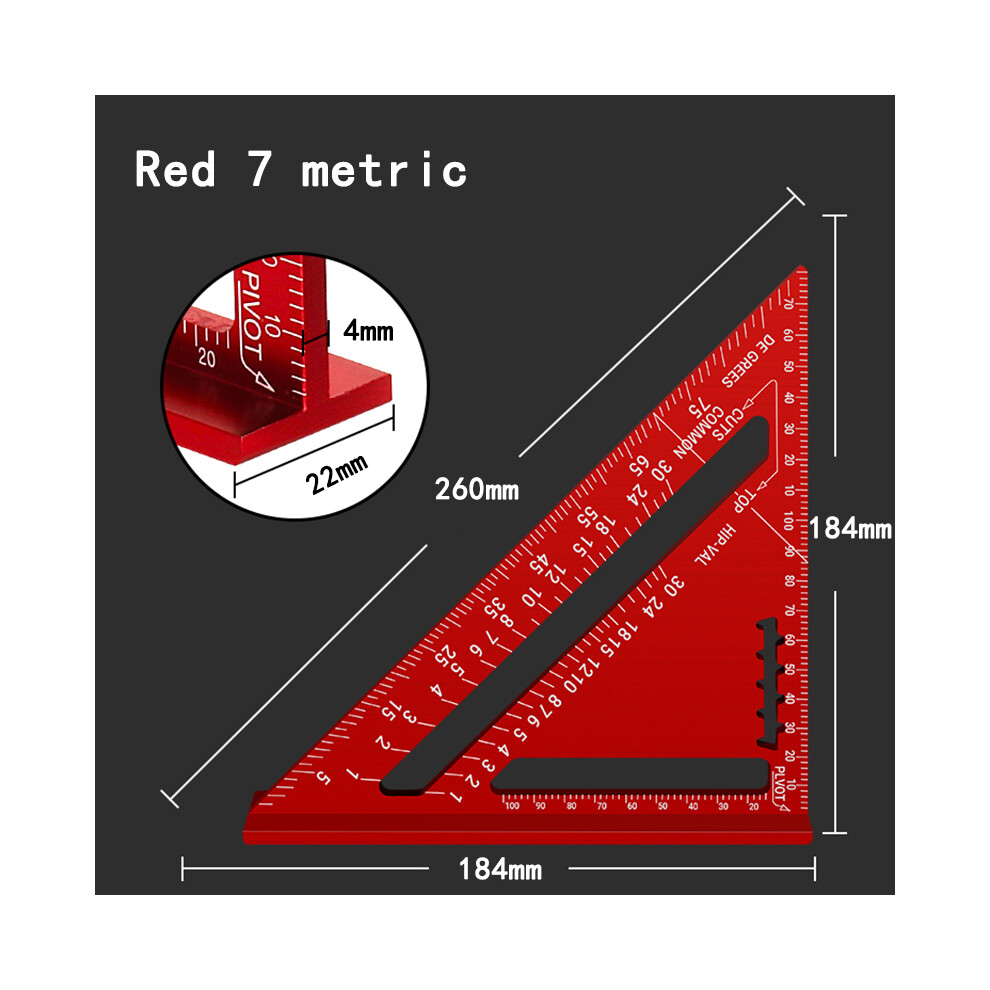 (Red 7 Metric) Woodworking Aluminum Alloy Triangle Gauges Measuring Gauging Tools High Precision Marker Angle Ruler 9008532345362