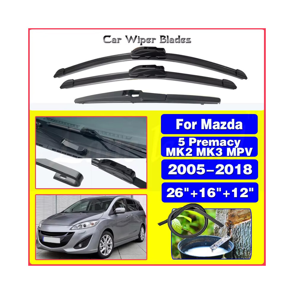 (Black) For Mazda 5 Premacy Mk2 Mk3 Mpv 2005-2018 Car Front Rear Wiper Blades Soft Rubber Windscreen Wipers Black 9008532308800