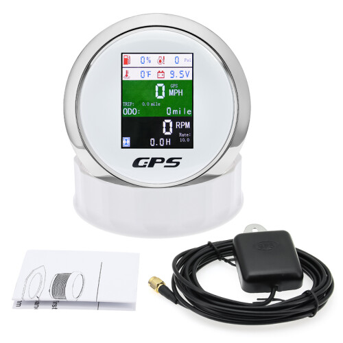 (White Silver) 6 in 1 Multi-functional 85MM GPS Speedometer+Fuel Level+Water Temp+Oil Press+Volt+Tachometer Temperarure