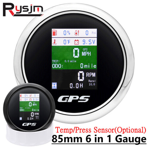 (White Silver) 6 in 1 Multi-functional 85MM GPS Speedometer+Fuel Level+Water Temp+Oil Press+Volt+Tachometer Temperarure 1
