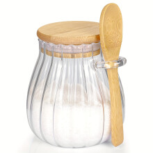 Sugar bowl with bamboo lid and spoon for kitchen use 250ml transparent 1 piece