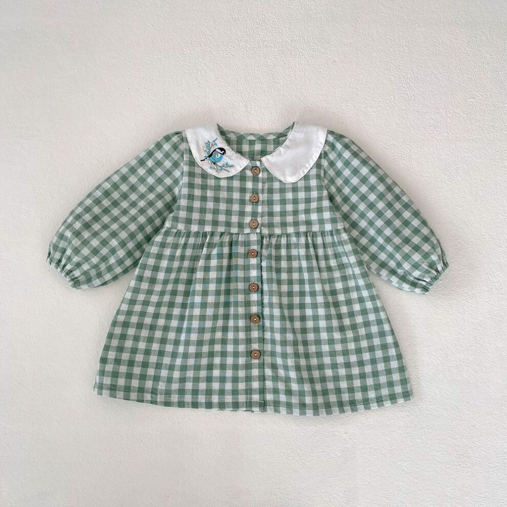 (green plaid, 73 cm) 2024 Fall Infant Girls' Plaid Sweet Dress With Magpie Embroidery And Doll Collar