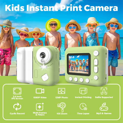 Câmera de impressão instantânea infantil 1080p HD câmera digital verde 2