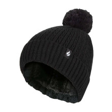 (One Size, Schwarz) Heat Holders - Damen Thermo Mütze mit Zopfmuster Stricken | Heat Holders | Winter Bommelmütze