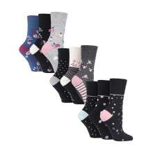 (04-Aug, Blumenfleck) Gentle Grip - 9er Pack Damen Socken Ohne Gummi Baumwolle Mit Gemusterten Streifen