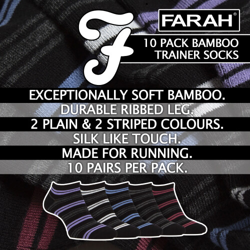 Farah (6-11, Black) Farah - 10 Pack Mens Breathable Bamboo Plain Trainer Socks 2