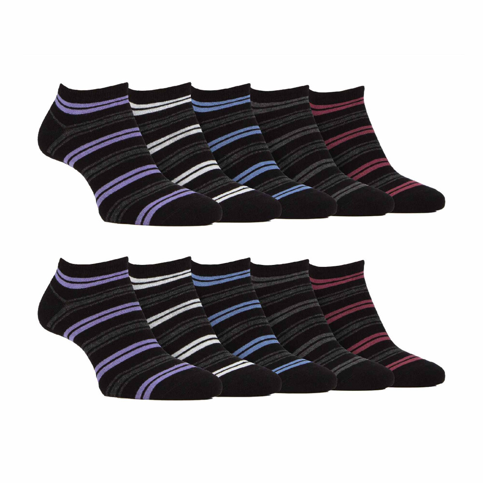 Farah (6-11, Black Stripe) - 10 Pack Mens Breathable Bamboo Plain Trainer Socks
