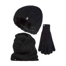 (S/M, Schwarz) Heat Holders - Heat Holders - Damen Thermo Stricken Mutze Schal Handschuhe Set für Winter