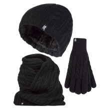 (M/L, Schwarz) Heat Holders - Heat Holders - Damen Thermo Stricken Mutze Schal Handschuhe Set für Winter