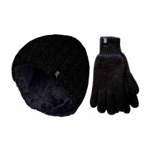 (M/L, Schwarz) Heat Holders - Heat Holders - Herren Fleece Gefüttert Thermomütze und Handschuh Set für Winter