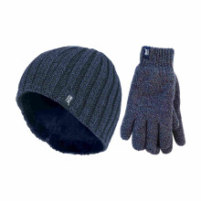 (L/XL, Marine) Heat Holders - Heat Holders - Herren Fleece Gefüttert Thermomütze und Handschuh Set für Winter