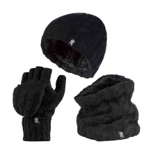 (One Size, Schwarz) Heat Holders - Heat Holders - Thermo Winter Fleecemütze Nackenwärmer und Konverter Handschuhen