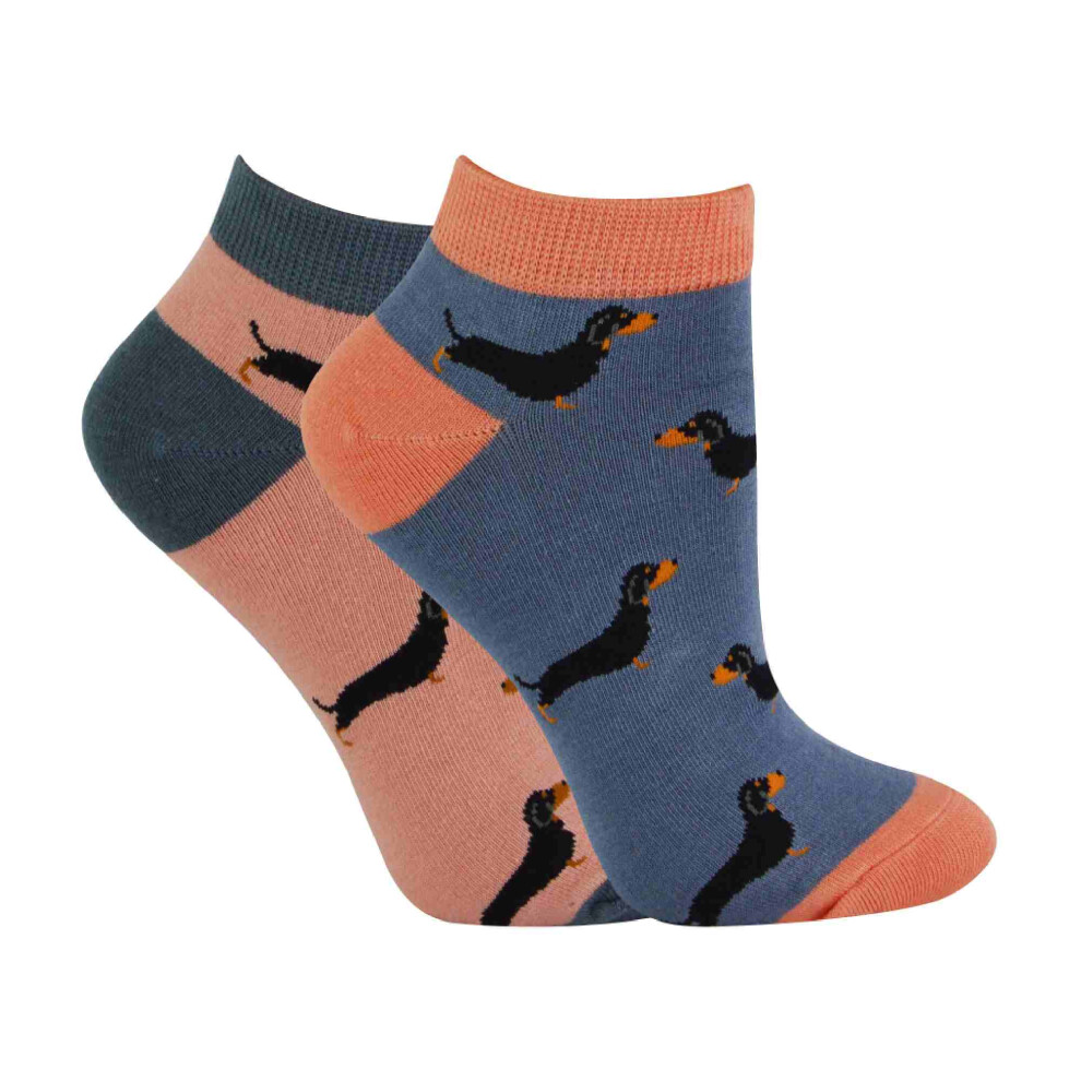 Miss Sparrow (4-7, Sausage Dog) - 2 Pack Ladies Novelty Animal Themed Bamboo Trainer Socks