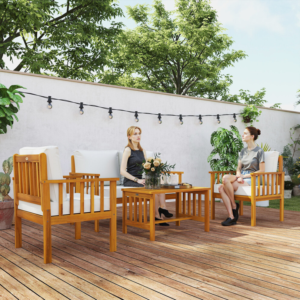 Outsunny 4 Seater Acacia Wood Patio Conversation Set Slatted Design Teak