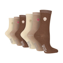 (37-42, Muscheln) Wildfeet - 6 Paar Socken Baumwolle Schwarz Damen | Crew Neuheit Socken Bestickte | Wildfeet