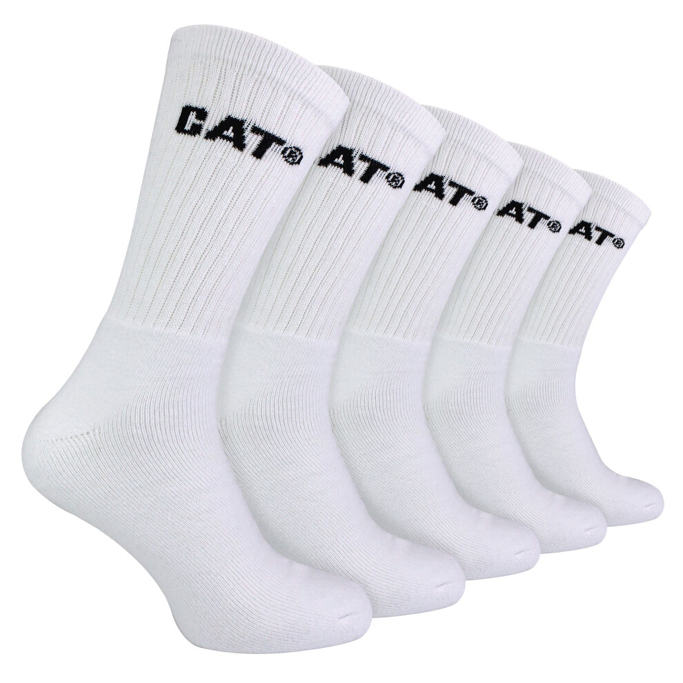 (12-14 UK, White) CAT - Mens 5 Pack Durable Cotton Performance Work Socks