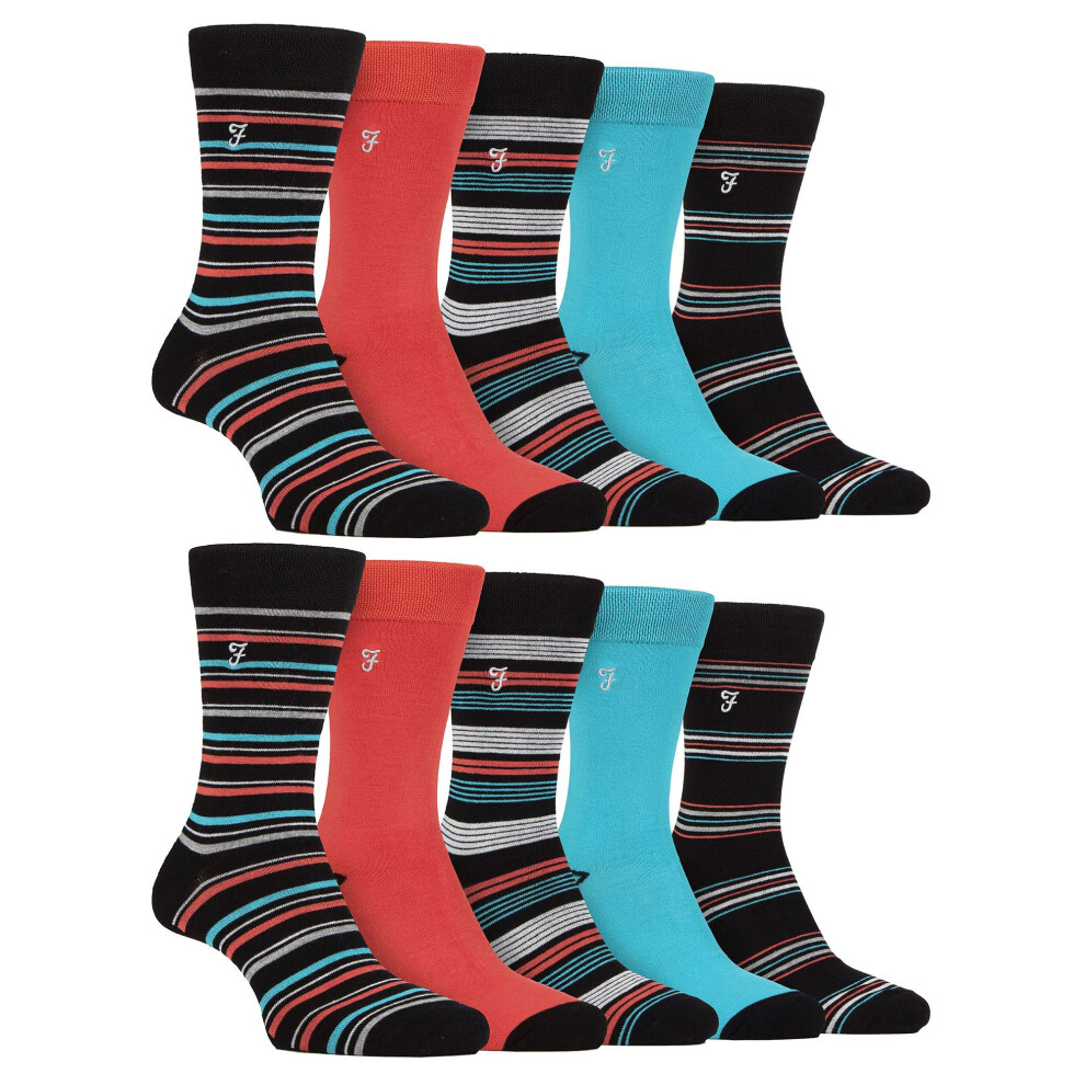 Farah (6-11, Black / Coral) - Mens 10 Pair Multi-Pack Bright Bamboo Socks Orange,Black