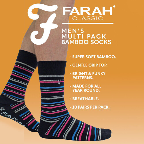 Farah (6-11, Black) Farah - Mens 10 Pair Multi-Pack Bright Bamboo Socks 2