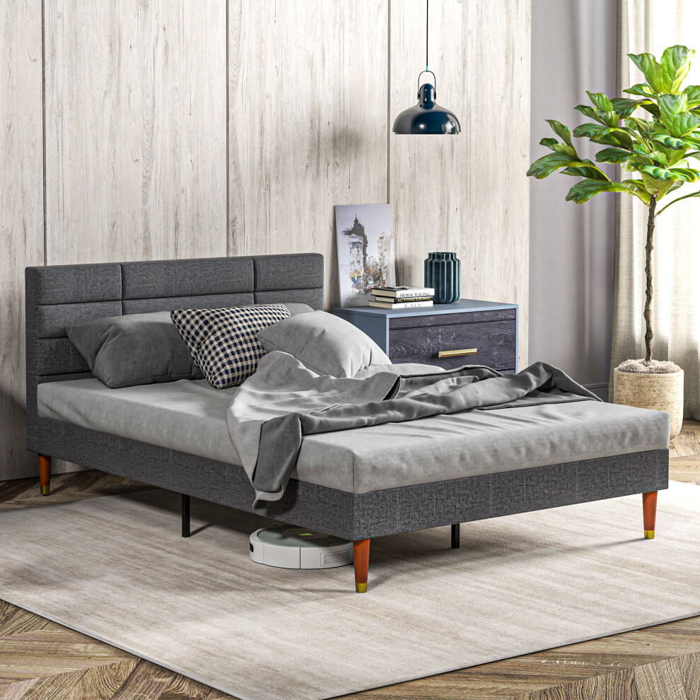 HOMCOM 4ft Upholstered Double Bed Frame w/ Wooden Slat No Box Spring Needed