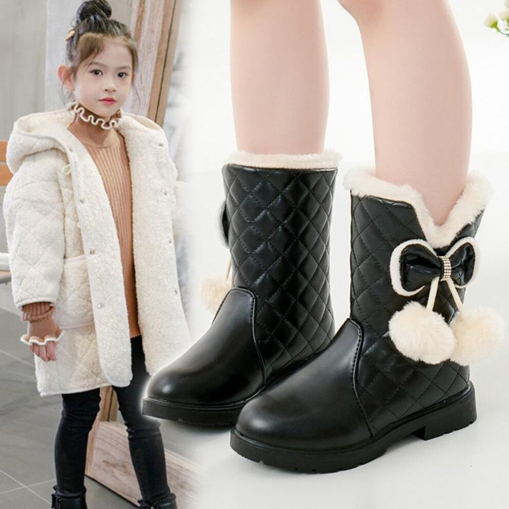 (black, 33) Girls' boots, winter new style, children's snow boots, medium and large children's warm and non slip princess leather short boots, midsole boots
