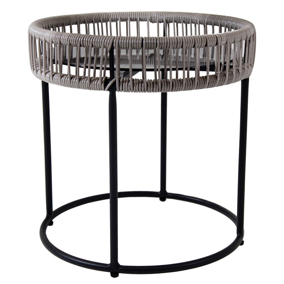CHARLES BENTLEY Zanzibar Coffee Table, Grey Rattan Side Table, Grey Wicker, Glass Tabletop, Indoor, Outdoor, Garden, Drinks Stand, Black Steel Frame,