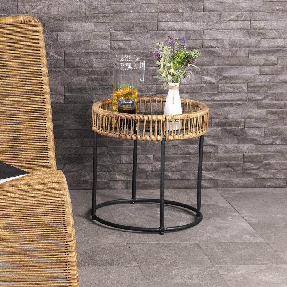 CHARLES BENTLEY Zanzibar Coffee Table, Natural Rattan Side Table, Brown Wicker, Glass Tabletop, Indoor, Outdoor, Garden, Drinks Stand, Black Steel