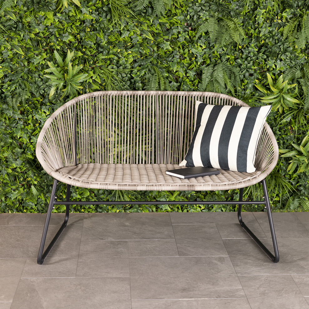 Charles Bentley Zanzibar 2 Seater Outdoor Patio Furniture Bench In Grey PE Rattan With Black Powder Coated Frame H80 x D70 x W114cm