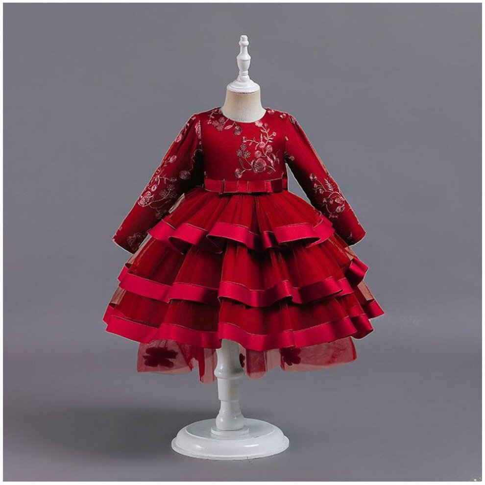 (wine red, 150 cm) Girls' Layered Tulle Princess Dress - Flower Girl & Performance Outfit