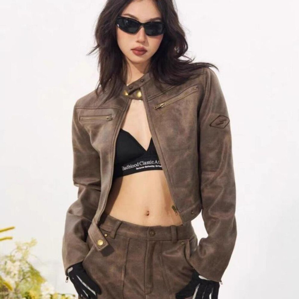 (XL) Women's Slim-fit Short Brown Suede Leather Motorcycle Jacket - Retro & Trendy Autumn Style