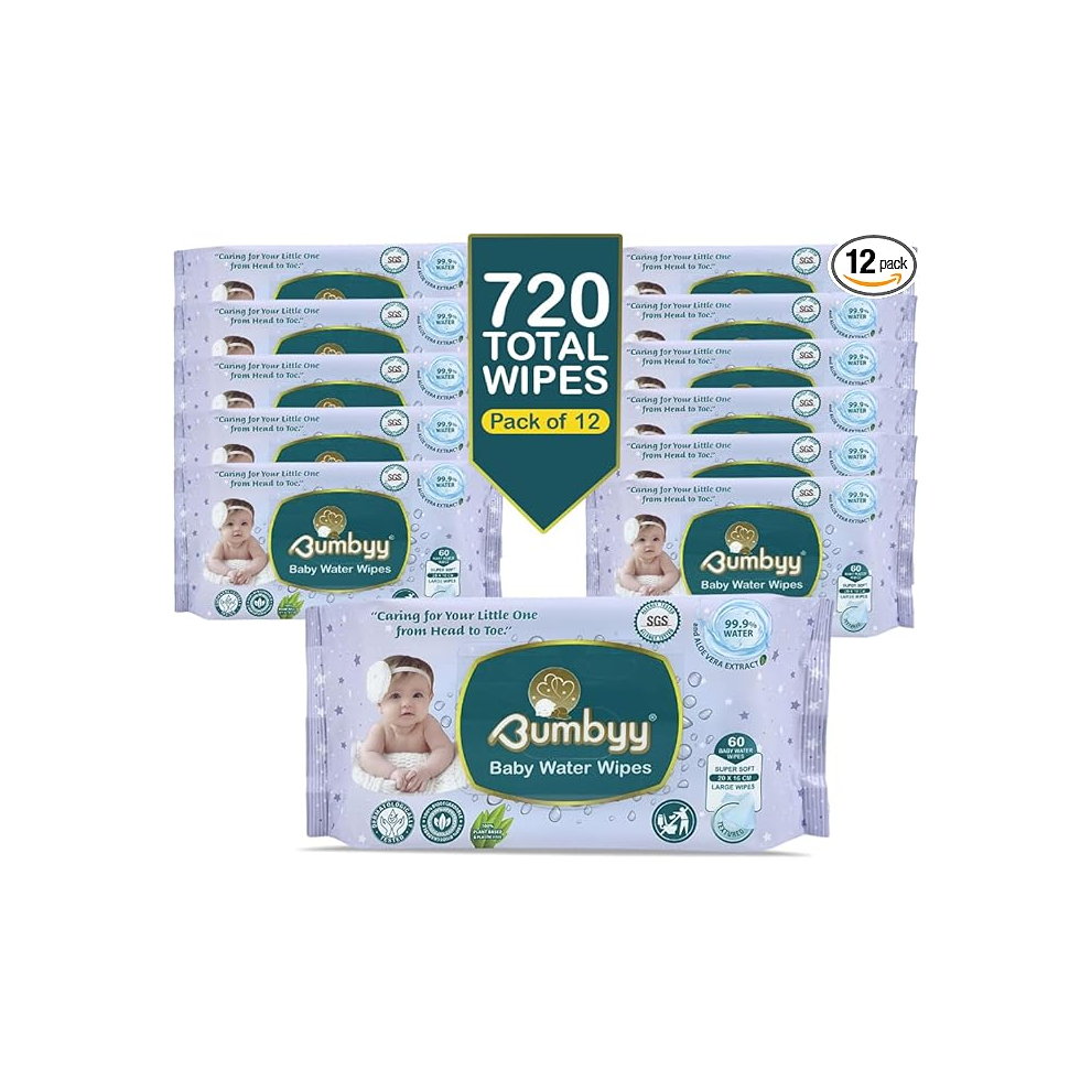 Baby Water Wipes - Biodegradable Wet Wipes, 720 Count (Pack Of 12) - 99.9% Water-Based, Unscented With Aloe Vera Bumbyy