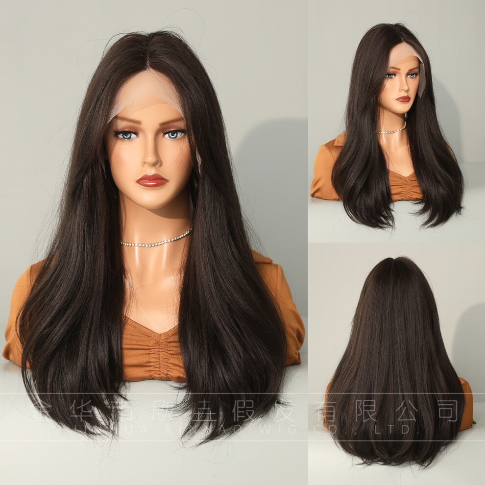 (T-shaped hand weaving-black tea_58cm 23 INCH) New wig lace wigs handwoven T-shaped lace long hair middle part slightly curly elastic mesh chemical fi