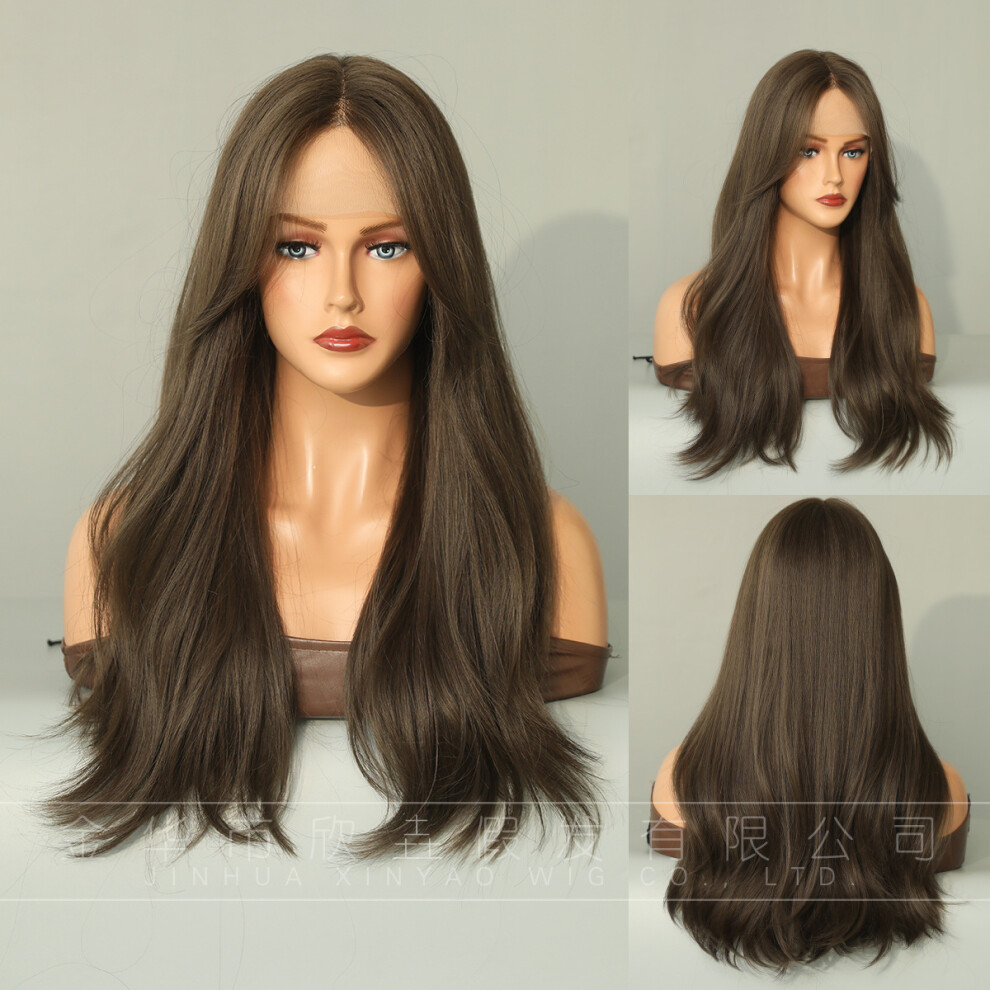(T-shaped handwoven-cold brown_58cm 23 INCH) New wig lace wigs handwoven T-shaped lace long hair middle part slightly curly elastic mesh chemical fibe