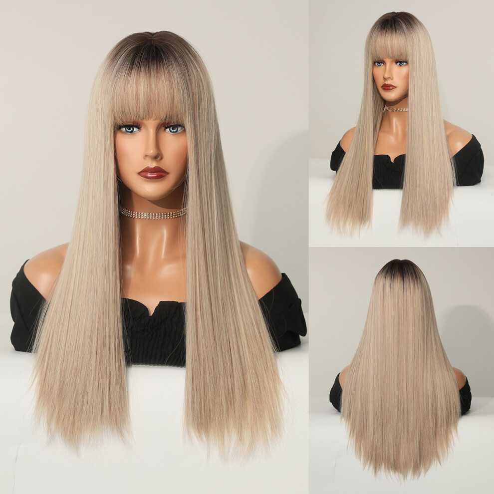 Unisex Golden/Brown (Champagne (Top Of Head Dyed Brown)_64Cm 25Inch) New Wig Women European And American Long Straight Hair Champagne Wig Chemical Fiber Mec